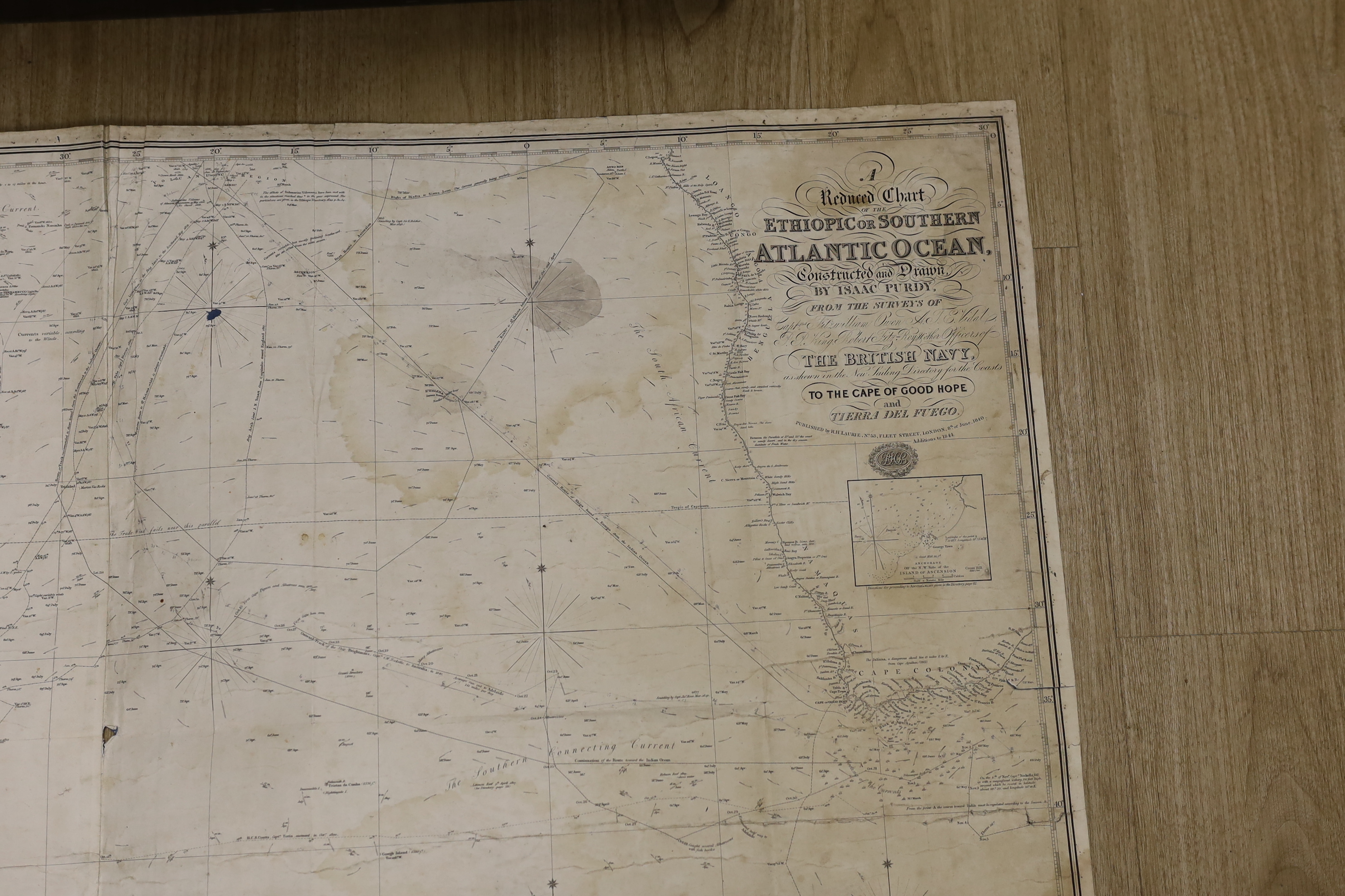 A reduced chart of the Ethiopic or Southern Atlantic Ocean constructed and drawn by Isaac Purdy, British Navy, unframed map, published by R H Laurie, London, 8th June 1840, 125 x 95cm